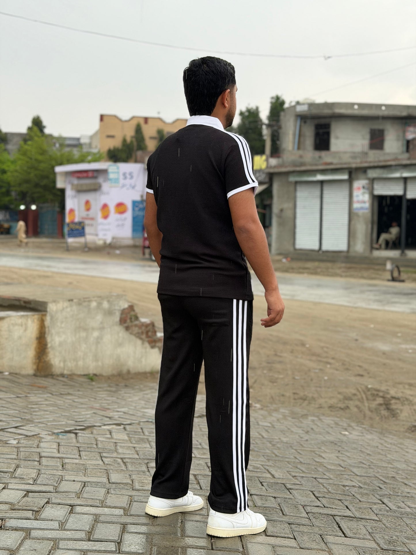 Premium Black Men's Tracksuit - Signature White Stripes Edition