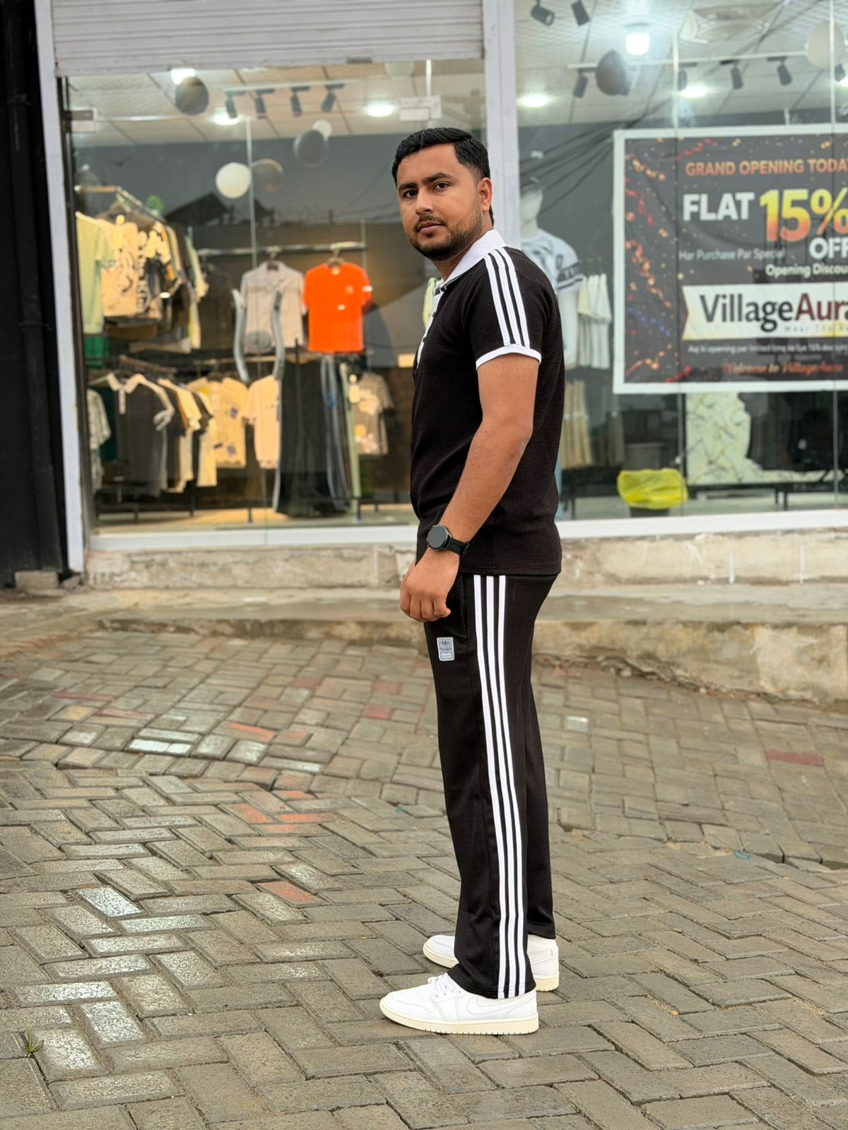 Premium Black Men's Tracksuit - Signature White Stripes Edition